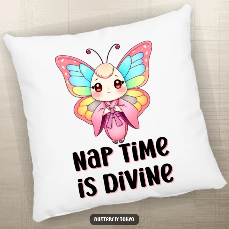 Funny Butterfly Pink Kimono Pillow decorated with a colorful butterfly in a flowing pink kimono, providing soft, artistic comfort.