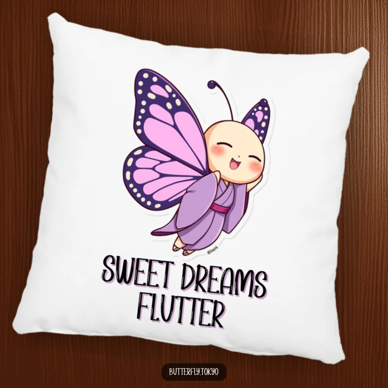 Funny Butterfly Purple Kimono Pillow depicting a butterfly joyfully fluttering upwards in a purple kimono, offering soft, uplifting comfort.
