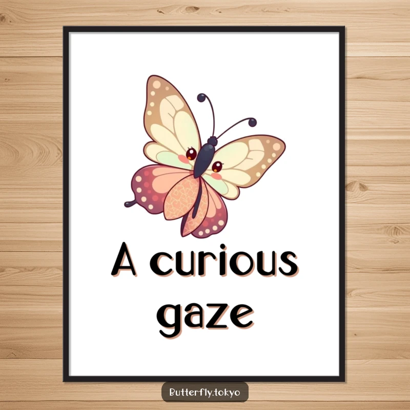 Funny Butterfly Patterned Kimono Digital Art Print showing a butterfly curiously tilting its head in a patterned kimono, ready for download.