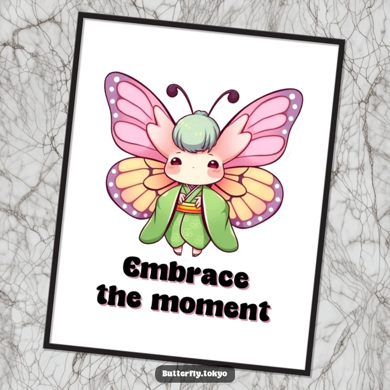 Funny Butterfly Green Kimono Digital Art Print showing a butterfly with wings spread wide in a green kimono, ready for download.