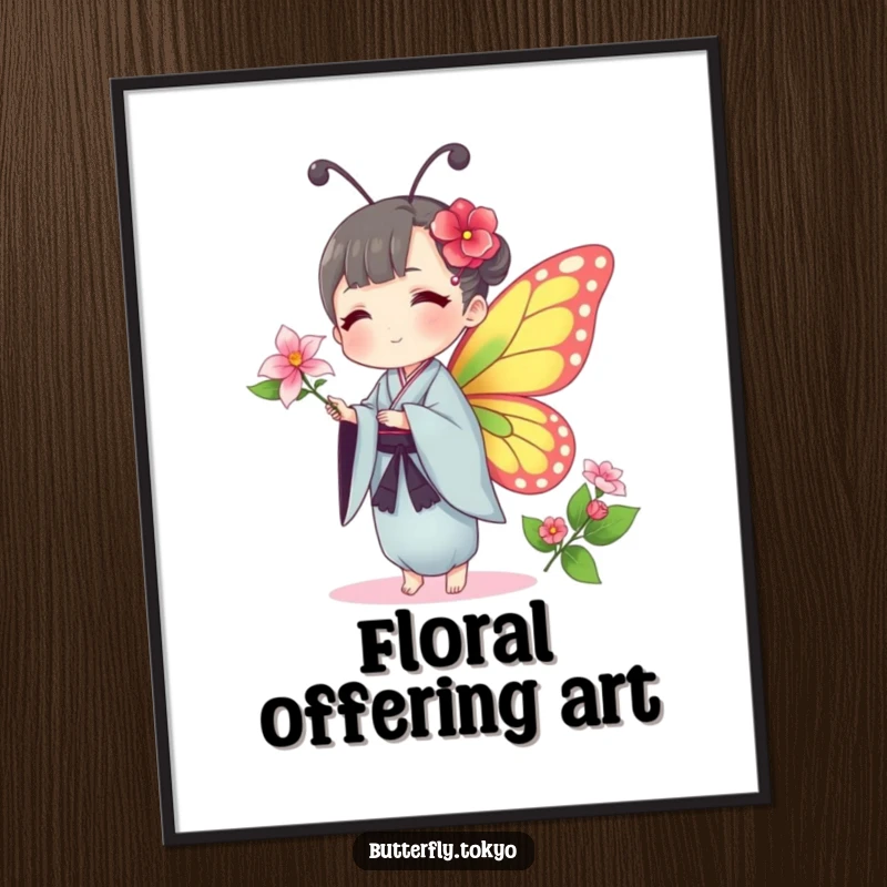 Funny Butterfly Kimono Digital Art: A humorous and gentle illustration of a butterfly in a traditional kimono offering a flower.