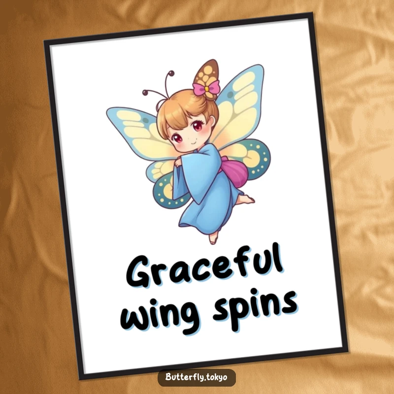 Funny Butterfly Blue Kimono Digital Art Print showing a butterfly in a blue kimono performing a graceful spin, ready for instant download.