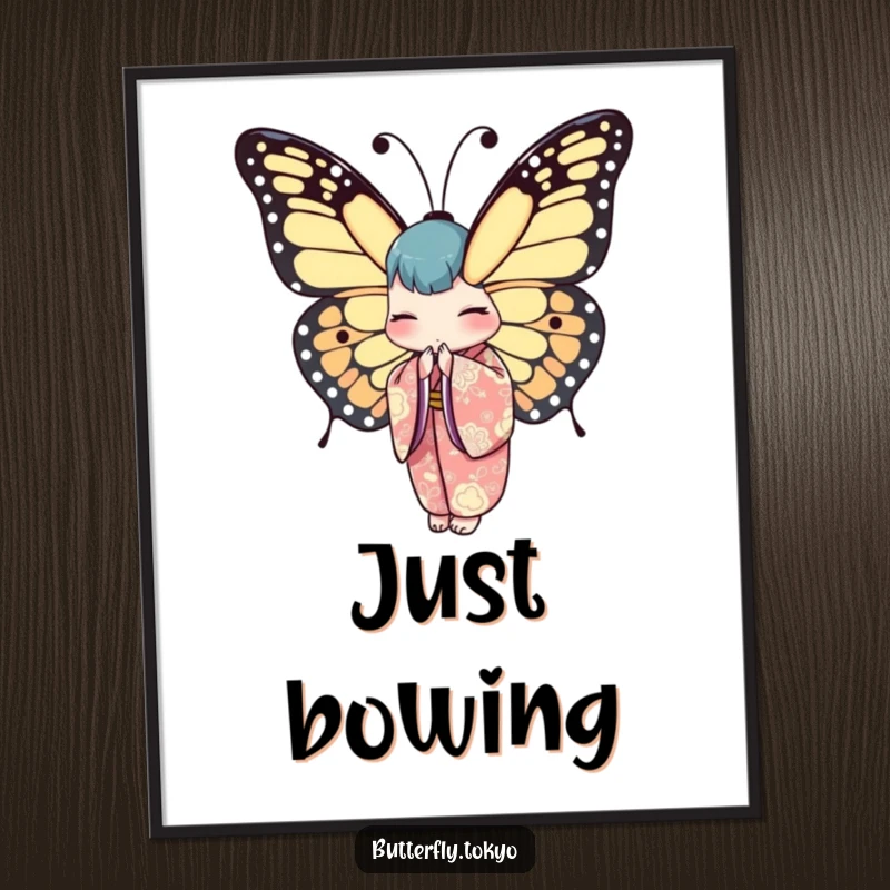 Funny Butterfly Kimono Digital Art Print of an elegant butterfly in a kimono, captured in a refined bowing pose.