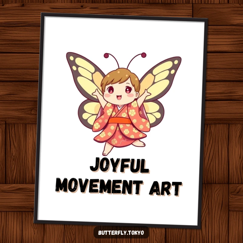 Funny Butterfly Kimono Digital Art: A humorous and energetic illustration of a joyful butterfly in a colorful kimono, twirling.