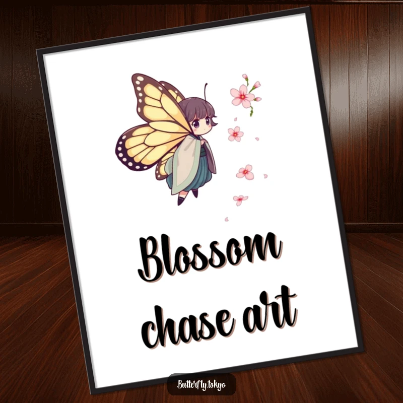 Funny Butterfly Kimono Digital Art: A humorous and whimsical illustration of a butterfly in a layered kimono chasing a cherry blossom.