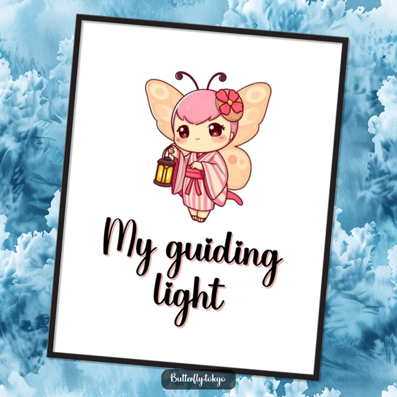 Funny Butterfly Lantern Digital Art Print of a butterfly in a striped kimono, holding a tiny, illuminated lantern.