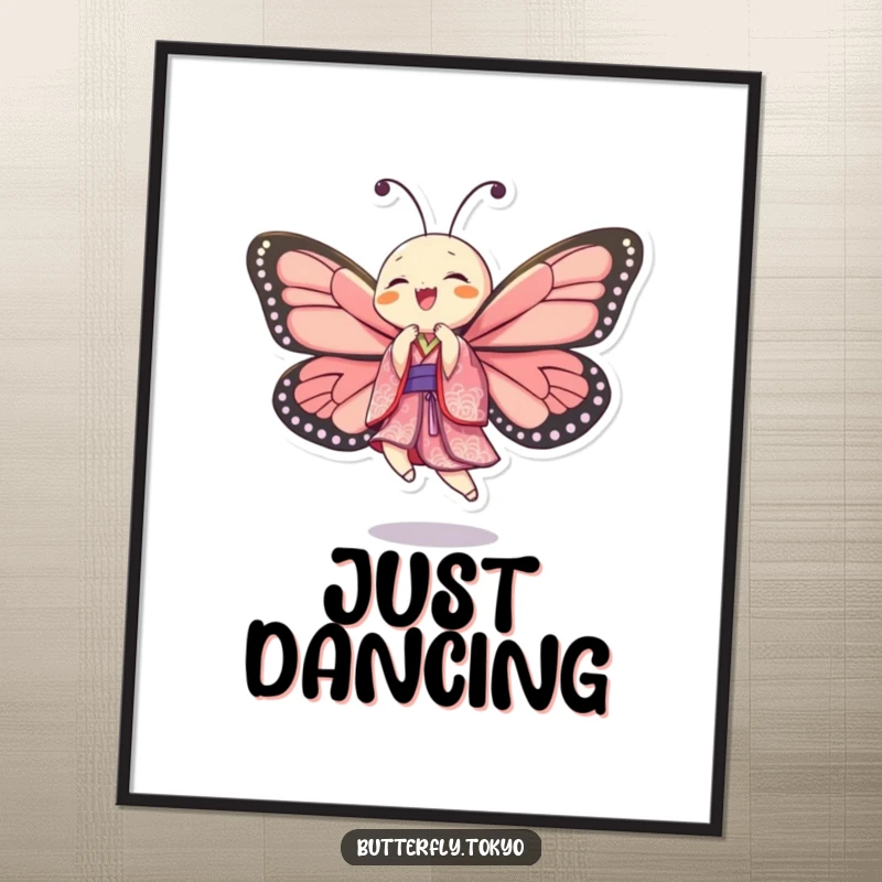 Funny Butterfly Dancer Digital Art Print of a butterfly in a patterned kimono, dancing with ecstatic, joyful abandon.