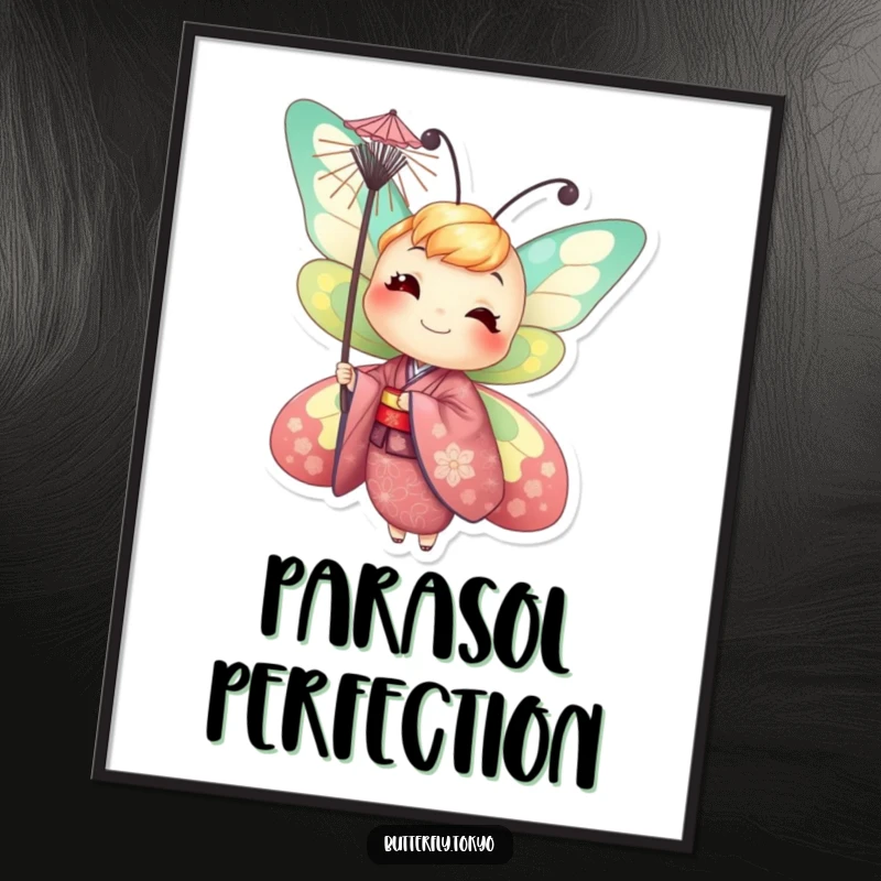Funny Butterfly Parasol Digital Art: A humorous and vibrant illustration of a smiling butterfly in a kimono, balancing a parasol.