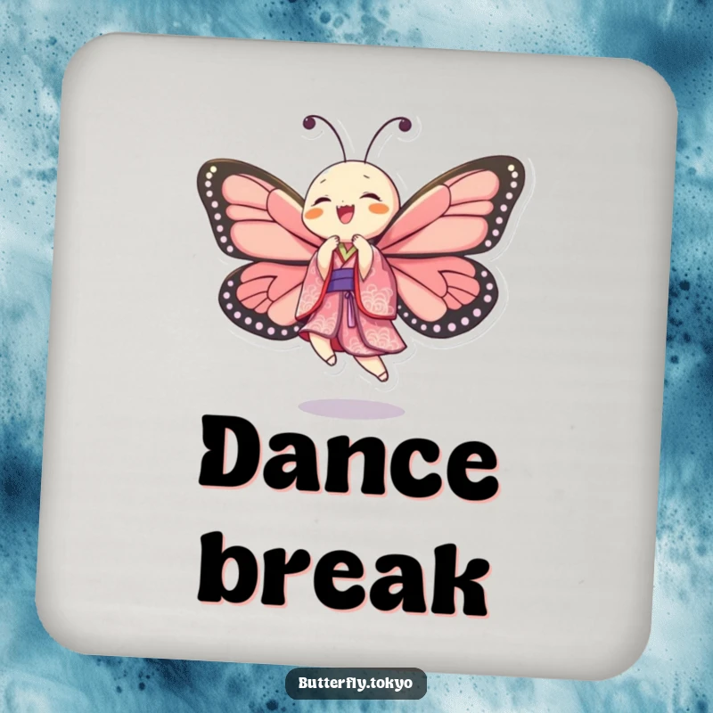 Funny Butterfly Kimono Dancer Coaster featuring a butterfly in a patterned kimono, mid-dance with spirited abandon.