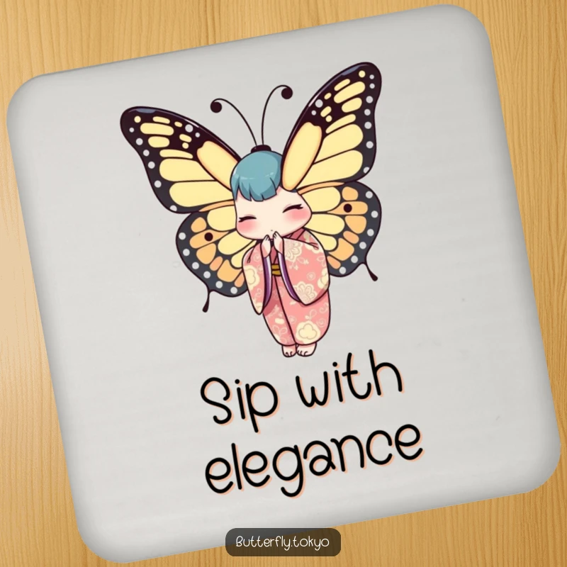 Funny Butterfly Kimono Coaster featuring a stylized butterfly in a detailed kimono, bowing with artistic flair.