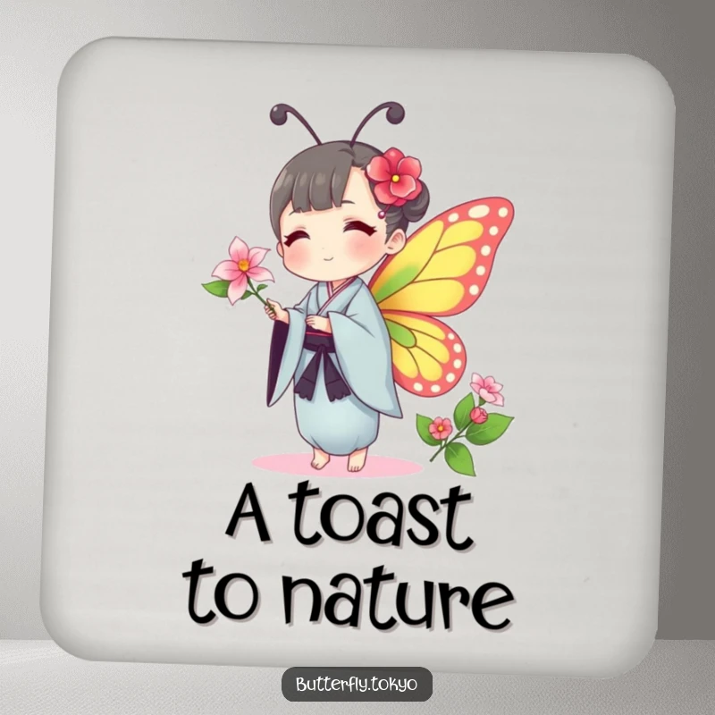 Funny Butterfly Kimono Coaster Set: Humorous artwork of butterflies in traditional kimonos offering delicate flowers, protecting surfaces.