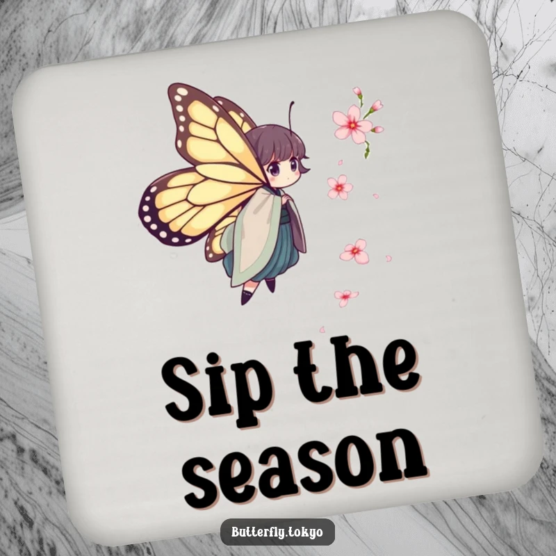 Funny Butterfly Kimono Coaster Set: Humorous artwork of butterflies in layered kimonos humorously chasing falling cherry blossoms.