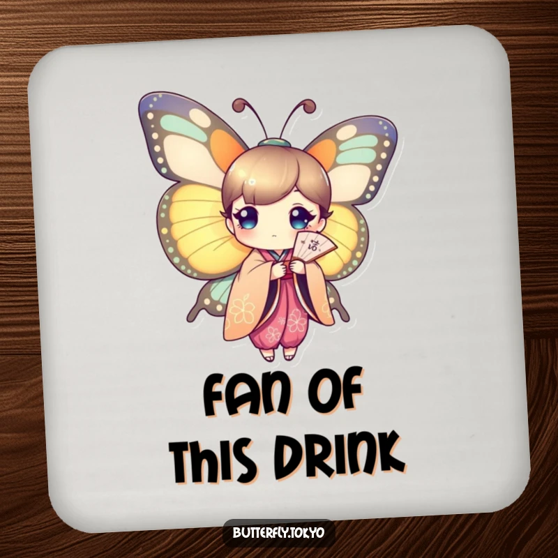Funny Butterfly Kimono Fan Coaster featuring a butterfly in a colorful kimono holding a delicate paper fan.