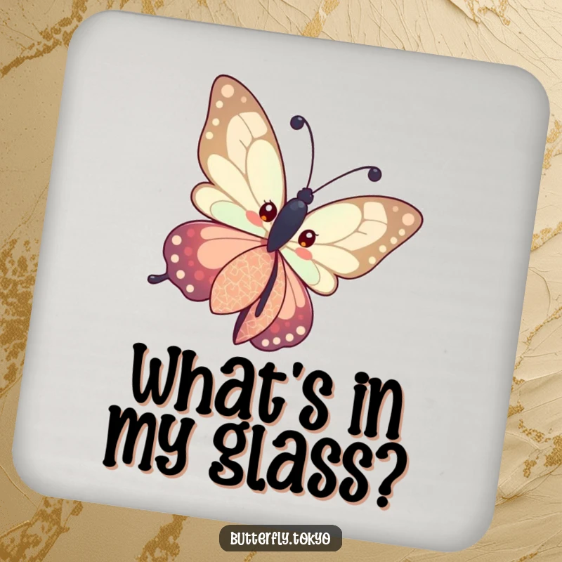 Funny Butterfly Patterned Kimono Drink Coaster depicting a butterfly curiously tilting its head in a patterned kimono, providing intriguing artistic protection.