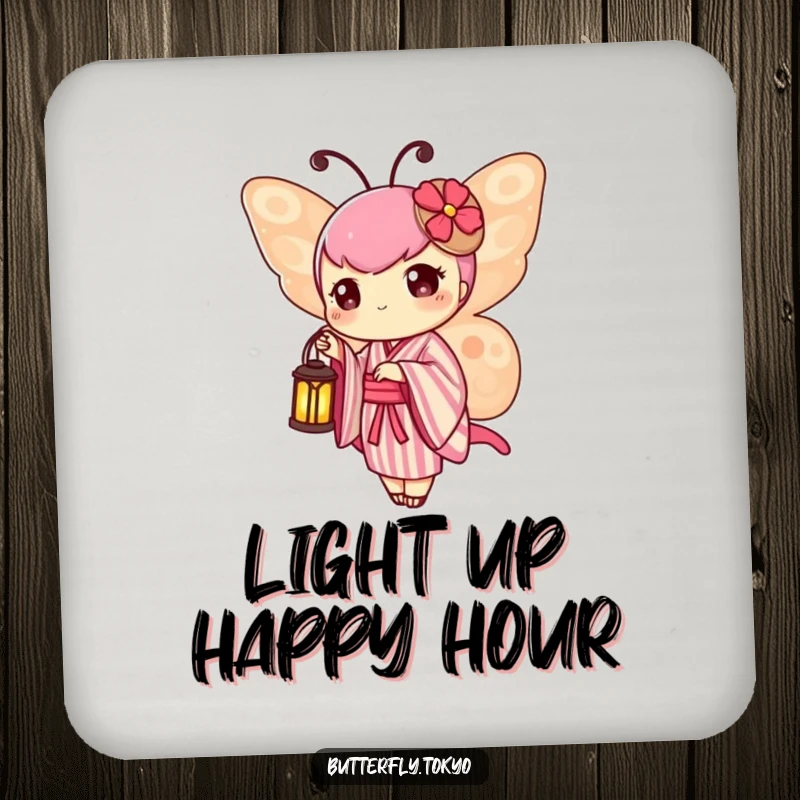Funny Butterfly Lantern Coaster featuring a butterfly in a striped kimono, holding a tiny, glowing lantern.