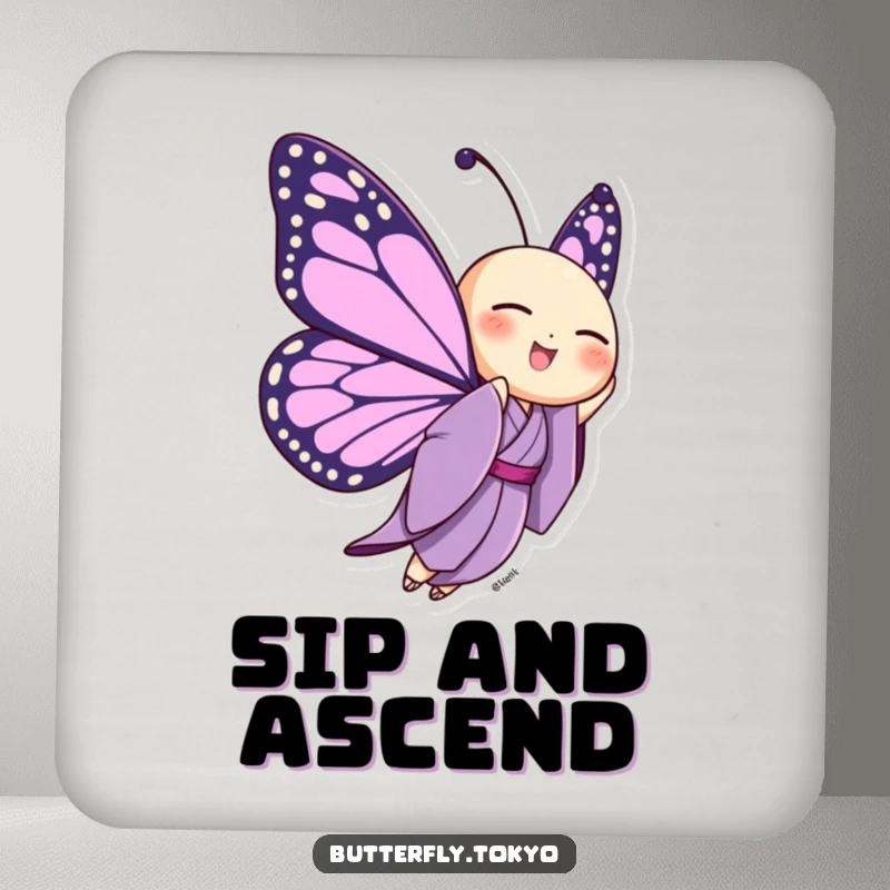 Funny Butterfly Purple Kimono Drink Coaster depicting a butterfly joyfully fluttering upwards in a purple kimono, providing uplifting artistic protection.