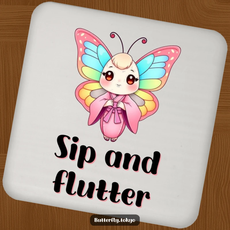 Funny Butterfly Pink Kimono Drink Coaster featuring a colorful butterfly in a flowing pink kimono, providing artistic protection for tables.