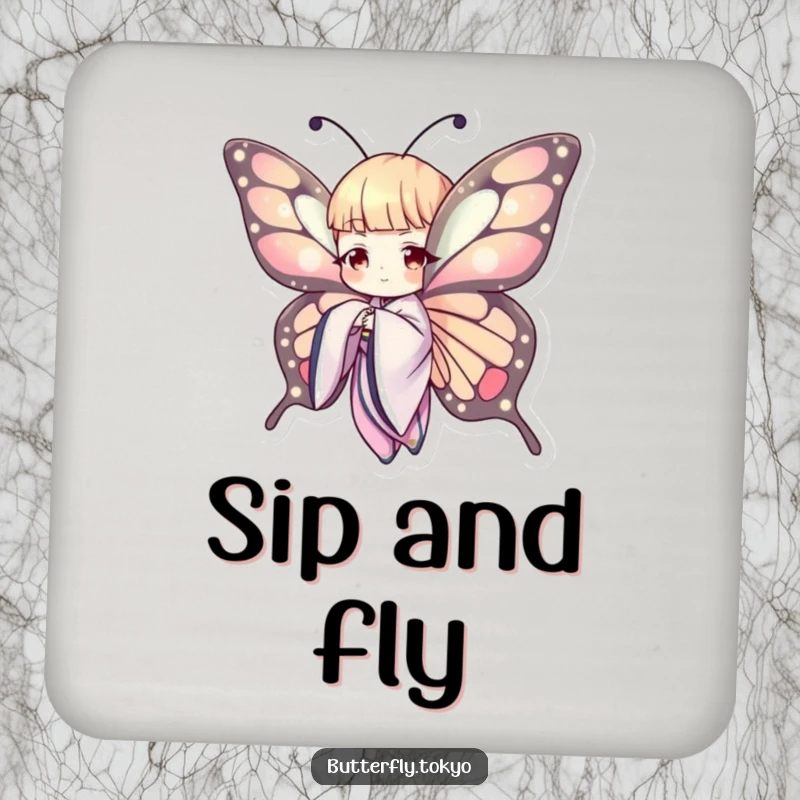 Funny Butterfly Kimono Coaster Set: Humorous artwork of butterflies in kimonos, gracefully protecting surfaces with elegant flair.