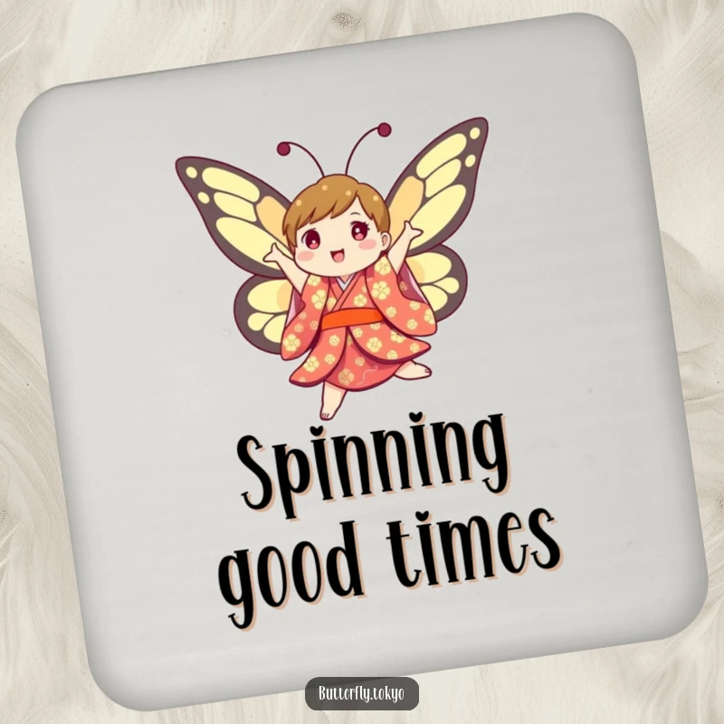 Funny Butterfly Kimono Coaster Set: Humorous artwork of joyful, colorful butterflies in kimonos, captured mid-twirl.