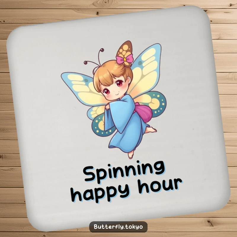 Funny Butterfly Blue Kimono Drink Coaster depicting a butterfly in a blue kimono mid-spin, providing artistic protection for tabletops.