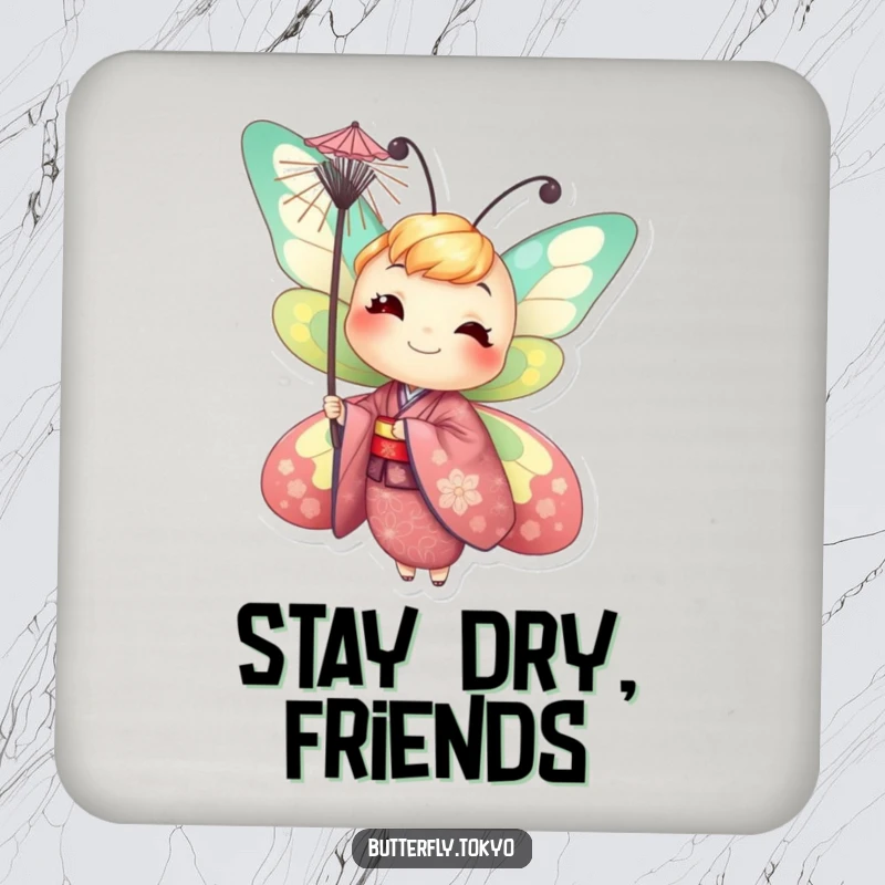 Funny Butterfly Parasol Coaster Set: Vibrant artwork of smiling butterflies in kimonos, humorously balancing parasols, protecting surfaces.