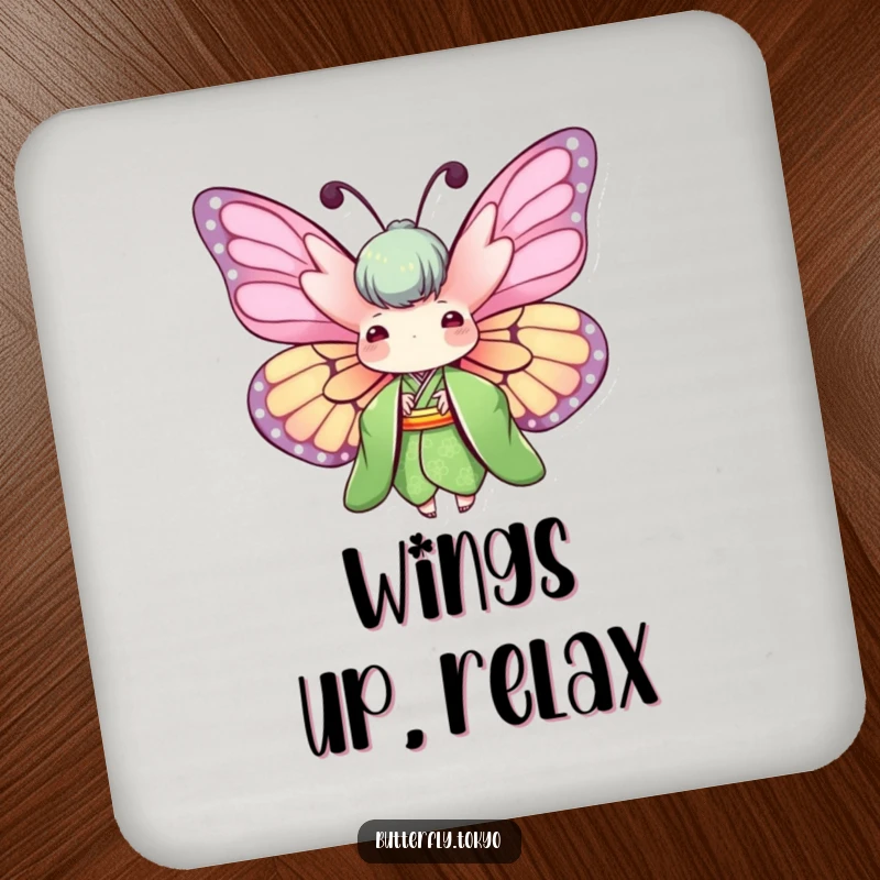 Funny Butterfly Green Kimono Drink Coaster depicting a butterfly with wings spread wide in a green kimono, providing natural artistic protection.