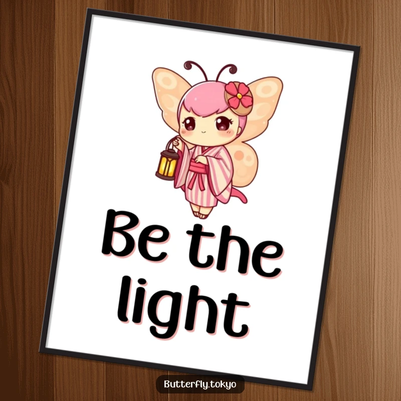 Funny Butterfly Lantern Poster of a butterfly in a striped kimono, holding a tiny, illuminated lantern.