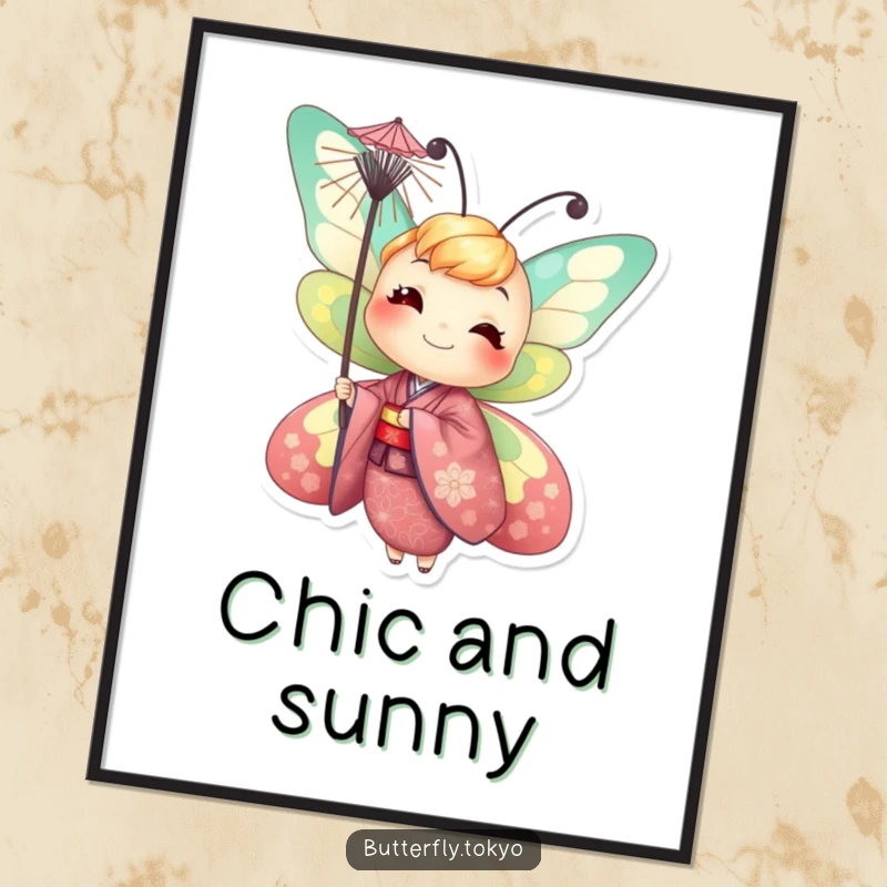 Funny Butterfly Parasol Poster: A vibrant and humorous depiction of a smiling butterfly in a kimono, balancing a tiny parasol.