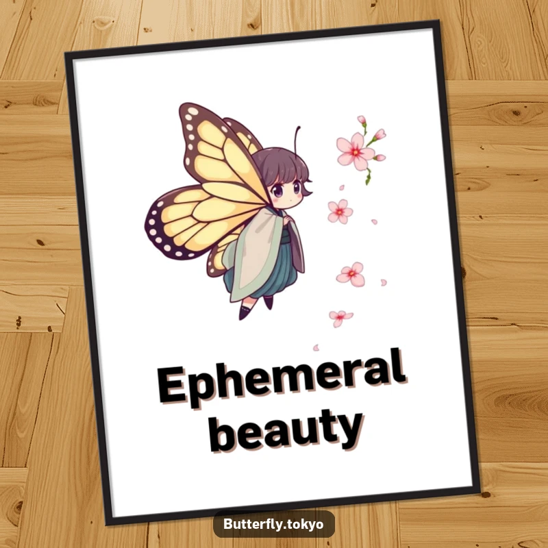 Funny Butterfly Kimono Poster: Humorous artwork of a butterfly in a layered kimono chasing a falling cherry blossom with playful grace.