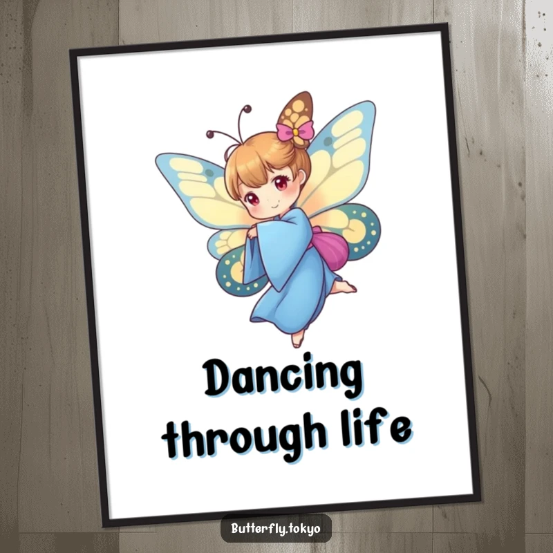 Funny Butterfly Blue Kimono Poster illustrating a butterfly in a blue kimono in a dynamic spin, creating a visually striking artwork.