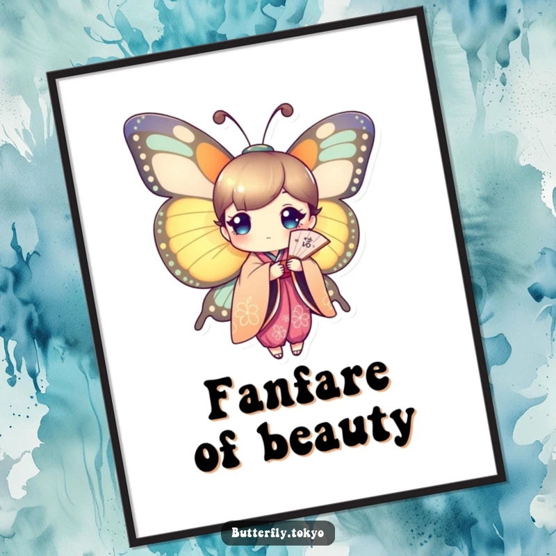 Funny Butterfly Fan Dancer Poster featuring a butterfly in a richly colored kimono holding a dainty paper fan.