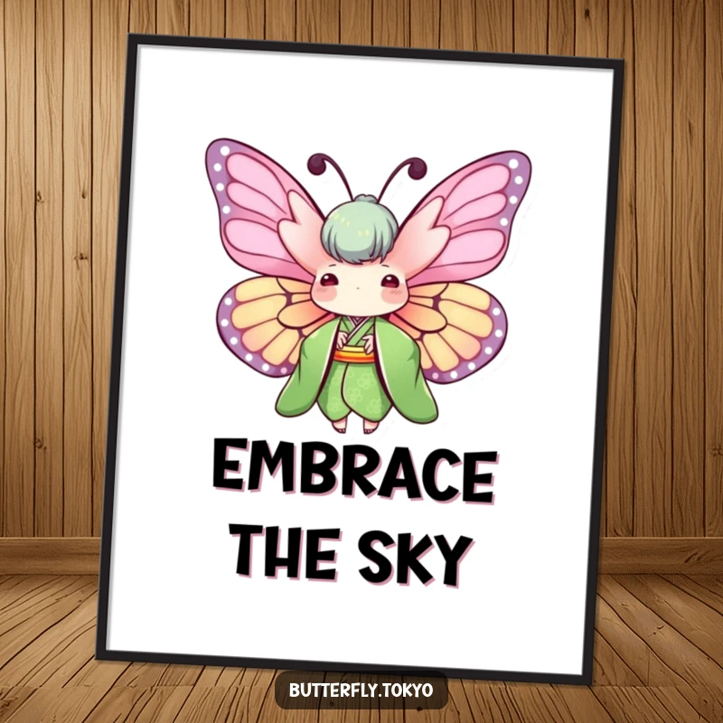 Funny Butterfly Green Kimono Poster illustrating a butterfly with wide-spread wings in a green kimono, creating a stunning nature art piece.