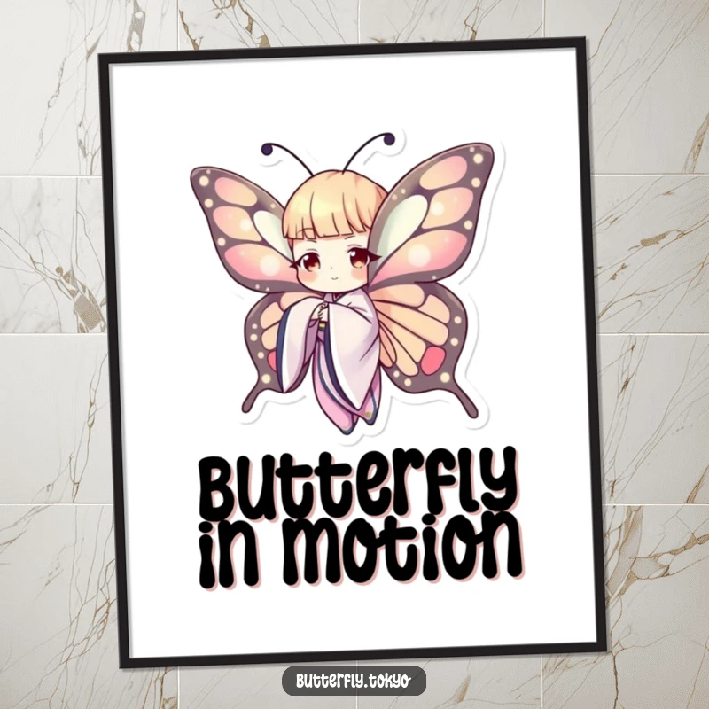 Funny Butterfly Kimono Poster: An artistic print of a butterfly in a kimono, gracefully extending its wing, adding humorous elegance to decor.
