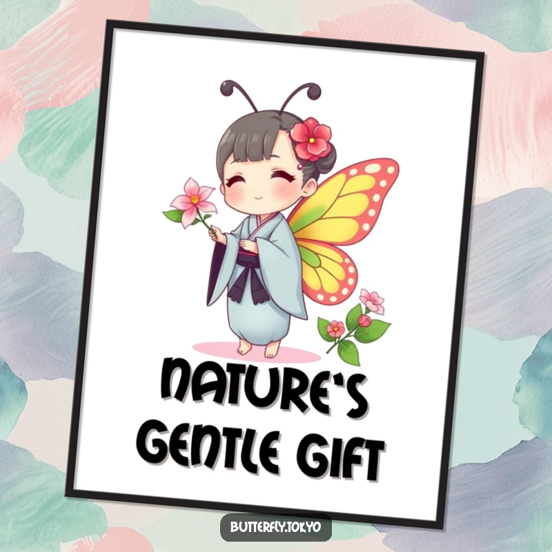 Funny Butterfly Kimono Poster: Humorous artwork of a butterfly in a traditional kimono offering a delicate flower with gentle grace.