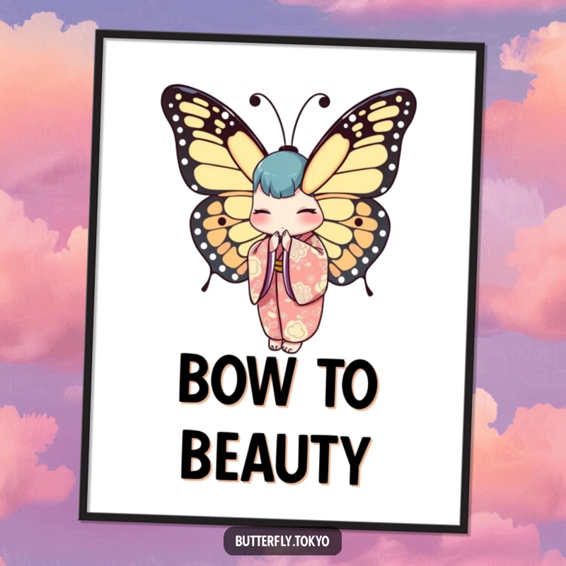 Funny Butterfly Kimono Poster featuring an elegant butterfly in a kimono, captured mid-bow with tranquil sophistication.