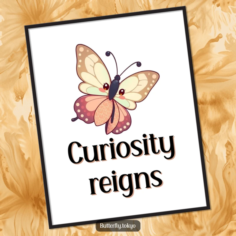 Funny Butterfly Patterned Kimono Poster illustrating a butterfly curiously tilting its head in a patterned kimono, creating intriguing wall art.