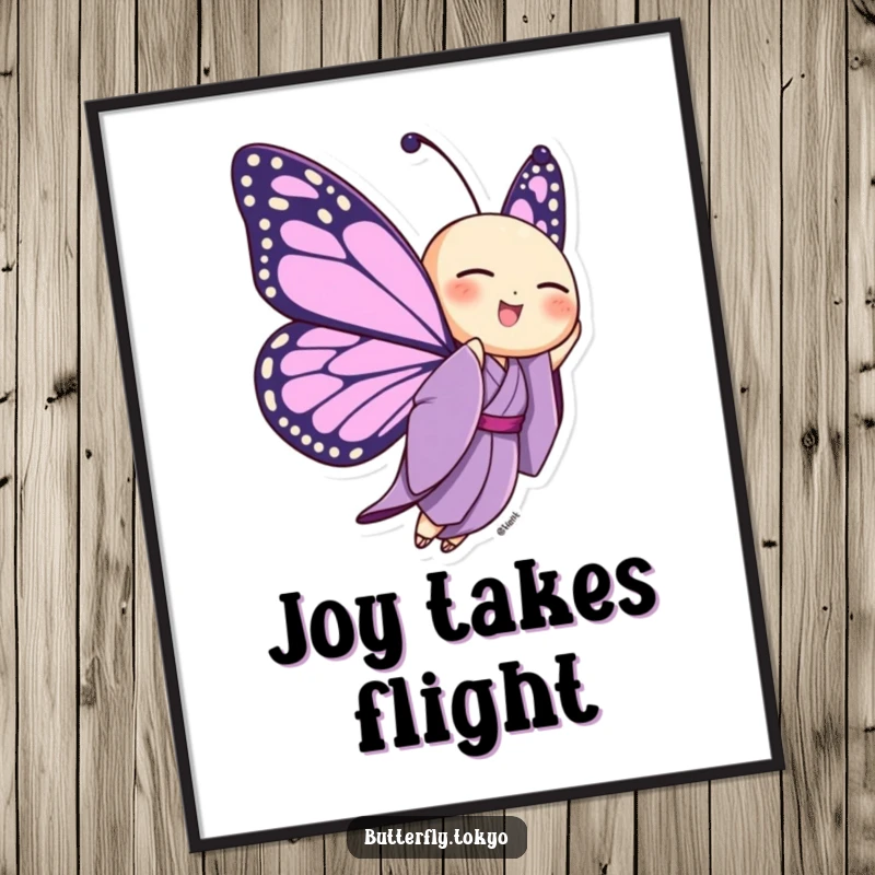 Funny Butterfly Purple Kimono Poster illustrating a butterfly joyfully fluttering upwards in a purple kimono, creating an inspiring artwork.