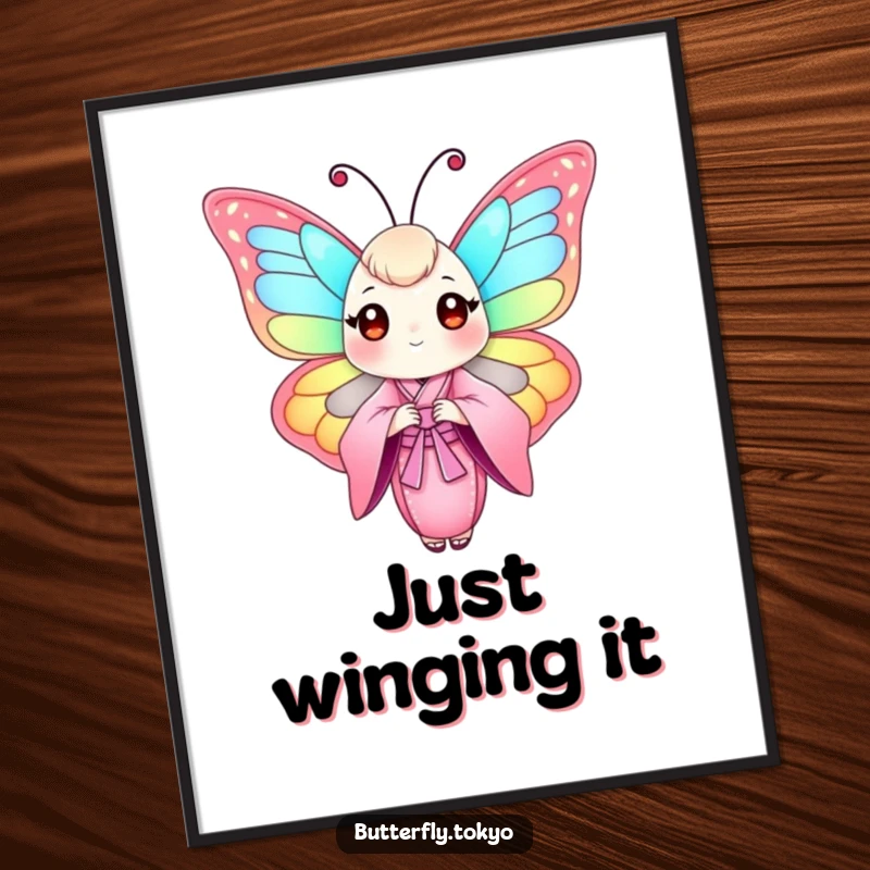 Funny Butterfly Pink Kimono Poster displaying a colorful butterfly in a flowing pink kimono, creating a serene and artistic wall decoration.