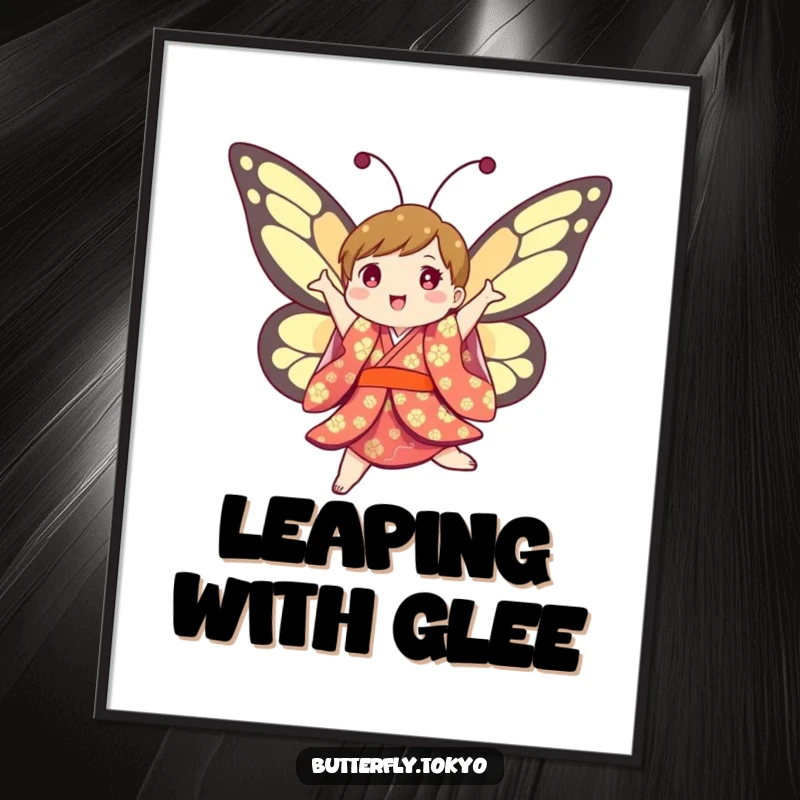 Funny Butterfly Kimono Poster: Humorous artwork of a joyful butterfly in a colorful kimono, captured mid-twirl with vibrant energy.