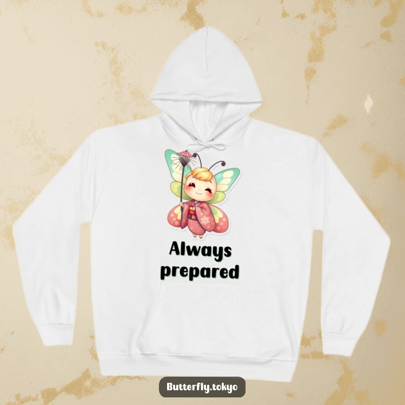 Funny Butterfly Parasol Hoodie: A smiling butterfly in a vibrant kimono, humorously balancing a parasol, designed for cozy comfort.