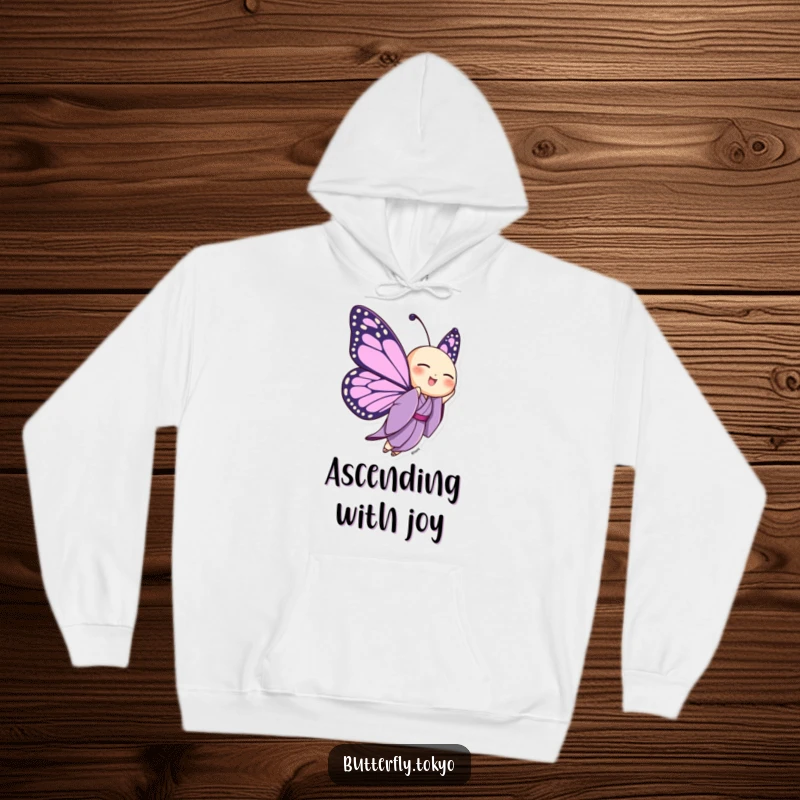Funny Butterfly Purple Kimono Hoodie depicting a butterfly joyfully fluttering upwards in a purple kimono, offering warmth and inspiration.