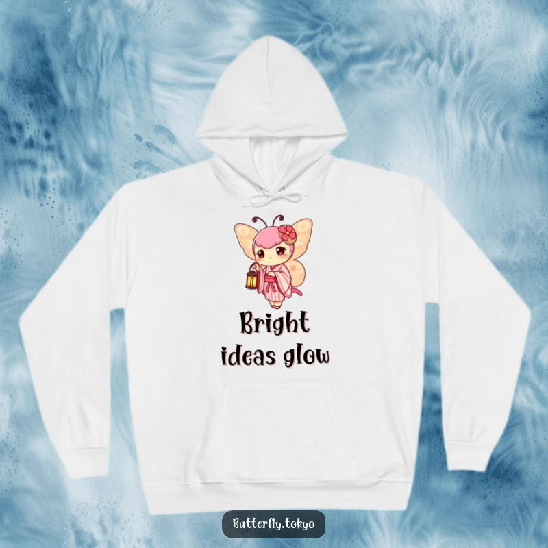 Funny Butterfly Lantern Hoodie showing a butterfly in a striped kimono, holding a tiny lantern with a gentle light.