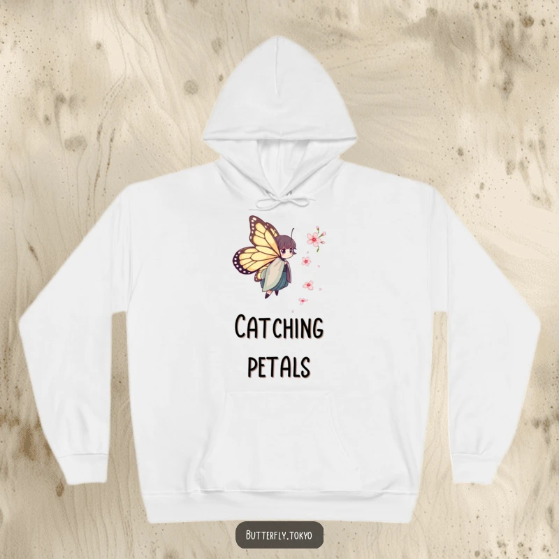 Funny Butterfly Kimono Hoodie: A butterfly in a layered kimono humorously chases a falling cherry blossom, designed for cozy whimsy.