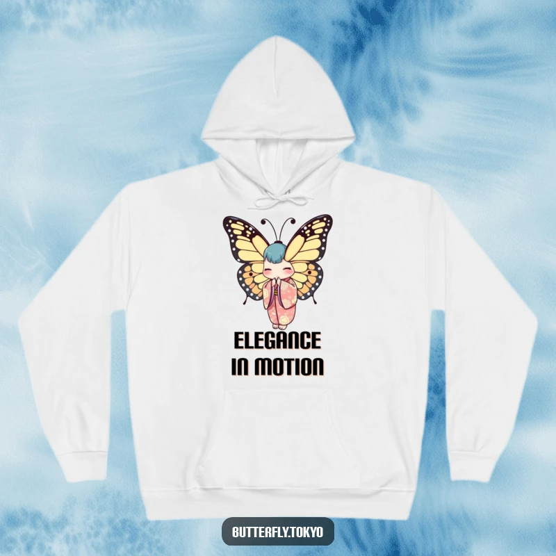 Funny Butterfly Kimono Hoodie depicting a serene butterfly in a patterned kimono, bowing with sophisticated, quiet dignity.