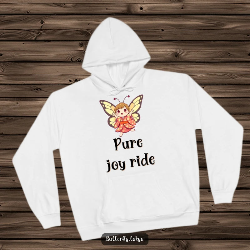 Funny Butterfly Kimono Hoodie: A joyful butterfly in a colorful kimono, humorously jumping and twirling, designed for cozy fun.