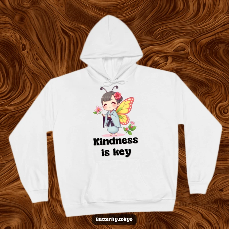 Funny Butterfly Kimono Hoodie: A butterfly in a traditional kimono humorously offers a delicate flower, designed for cozy thoughtfulness.