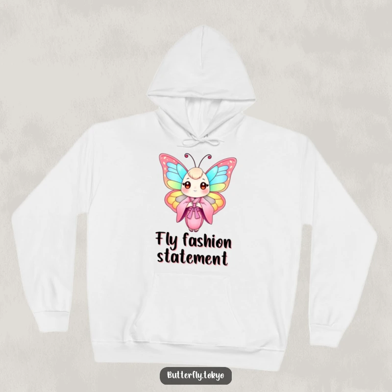 Funny Butterfly Pink Kimono Hoodie depicting a colorful butterfly artistically adorned in a flowing pink kimono, offering warmth and style.