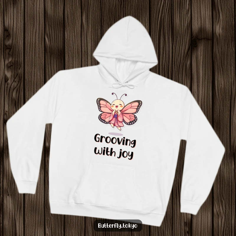 Funny Butterfly Kimono Dancer Hoodie depicting a butterfly in a patterned kimono, captured mid-dance with unrestrained glee.