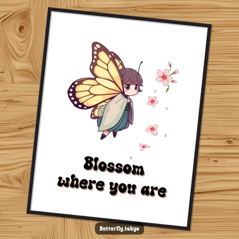 Funny Free Printable Wall Art: a butterfly in a layered kimono, playfully chasing a falling cherry blossom, evoking nature's beauty.