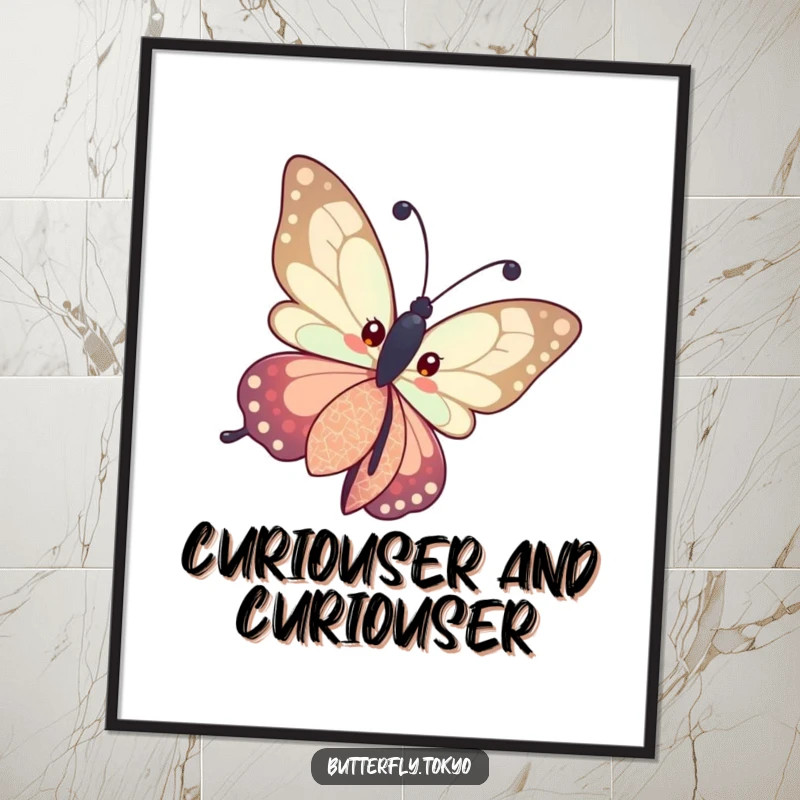 Funny Free Printable Wall Art depicting a butterfly in a patterned kimono curiously tilting its head, with an inquisitive expression.